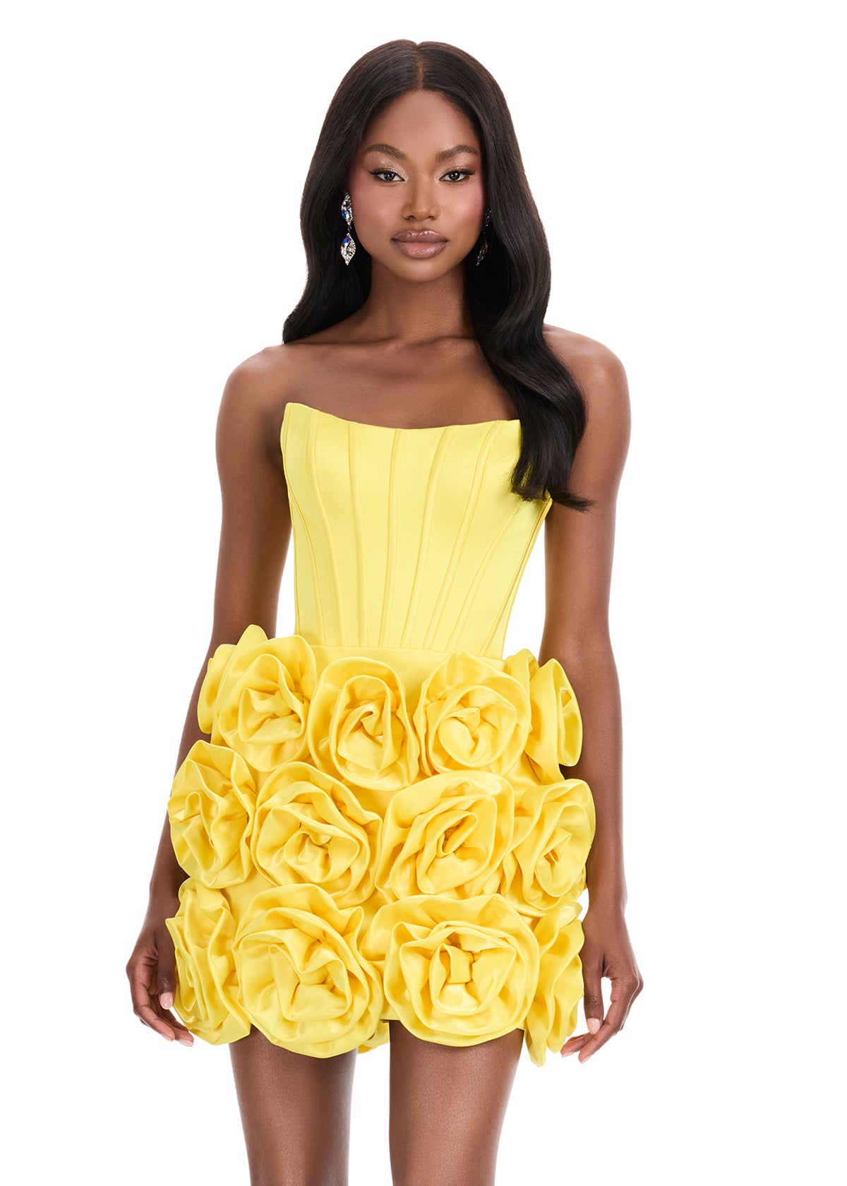 Ashley Lauren 4831 Yellow Satin Cocktail Dress Corset Oversized Flower Skirt
