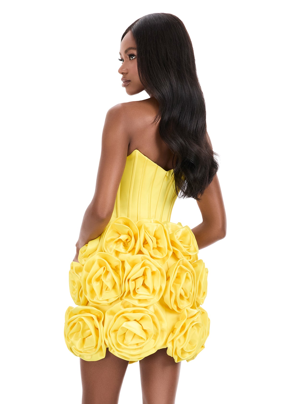 Ashley Lauren 4831 Yellow Satin Cocktail Dress Corset Oversized Flower Skirt back