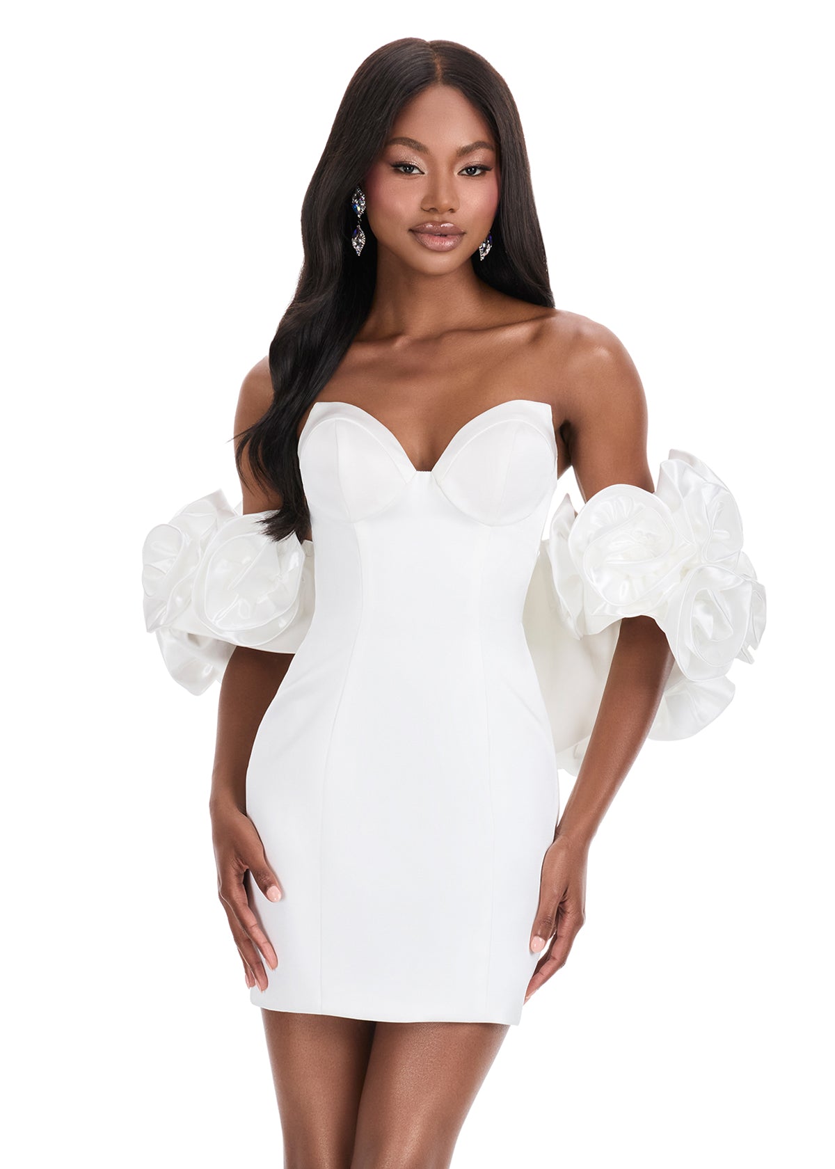 Ashley Lauren 4832 Ivory satin mini cocktail dress puff floral sleeves shrug