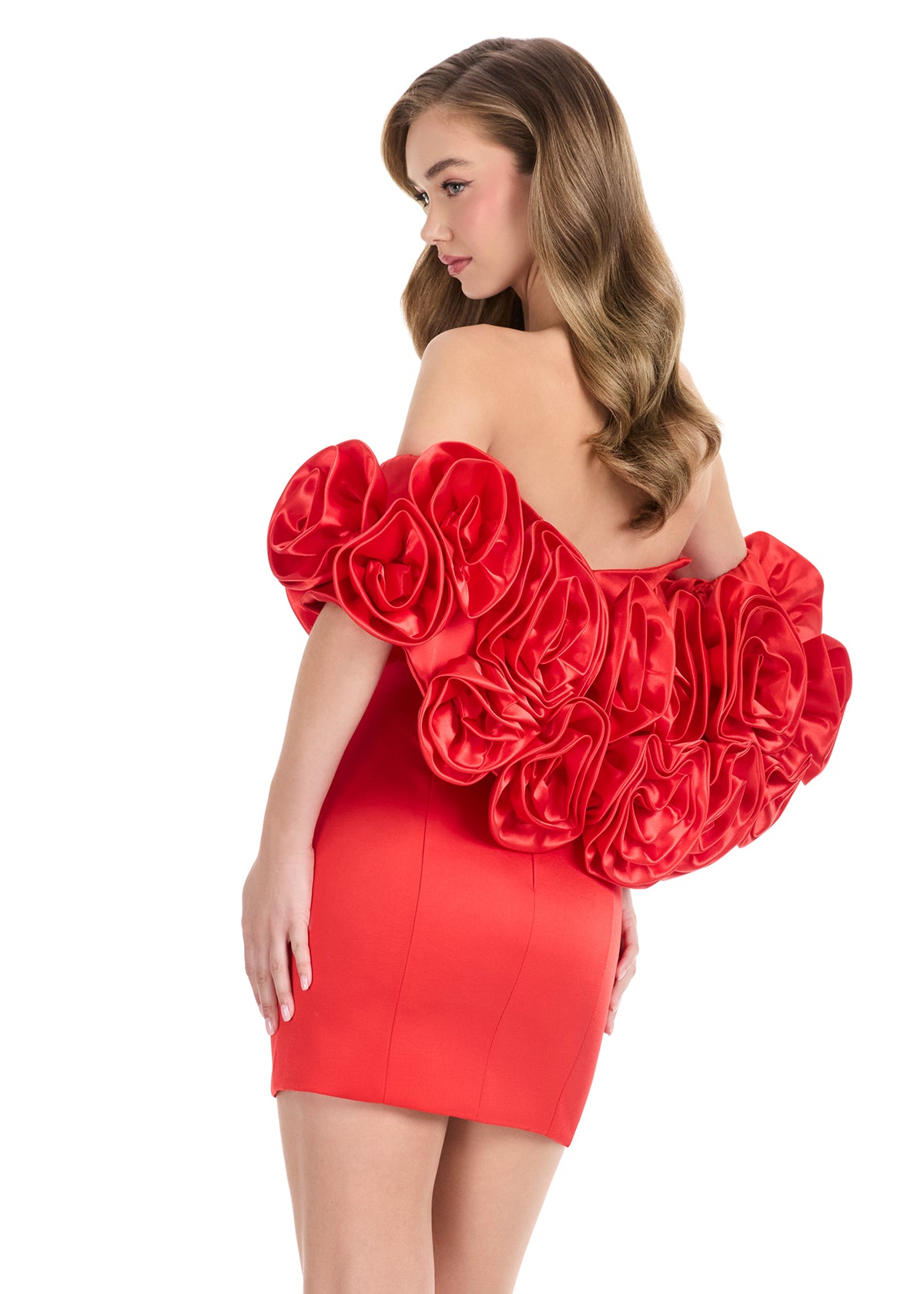 Ashley Lauren 4832 Red satin mini cocktail dress puff floral sleeves shrug back