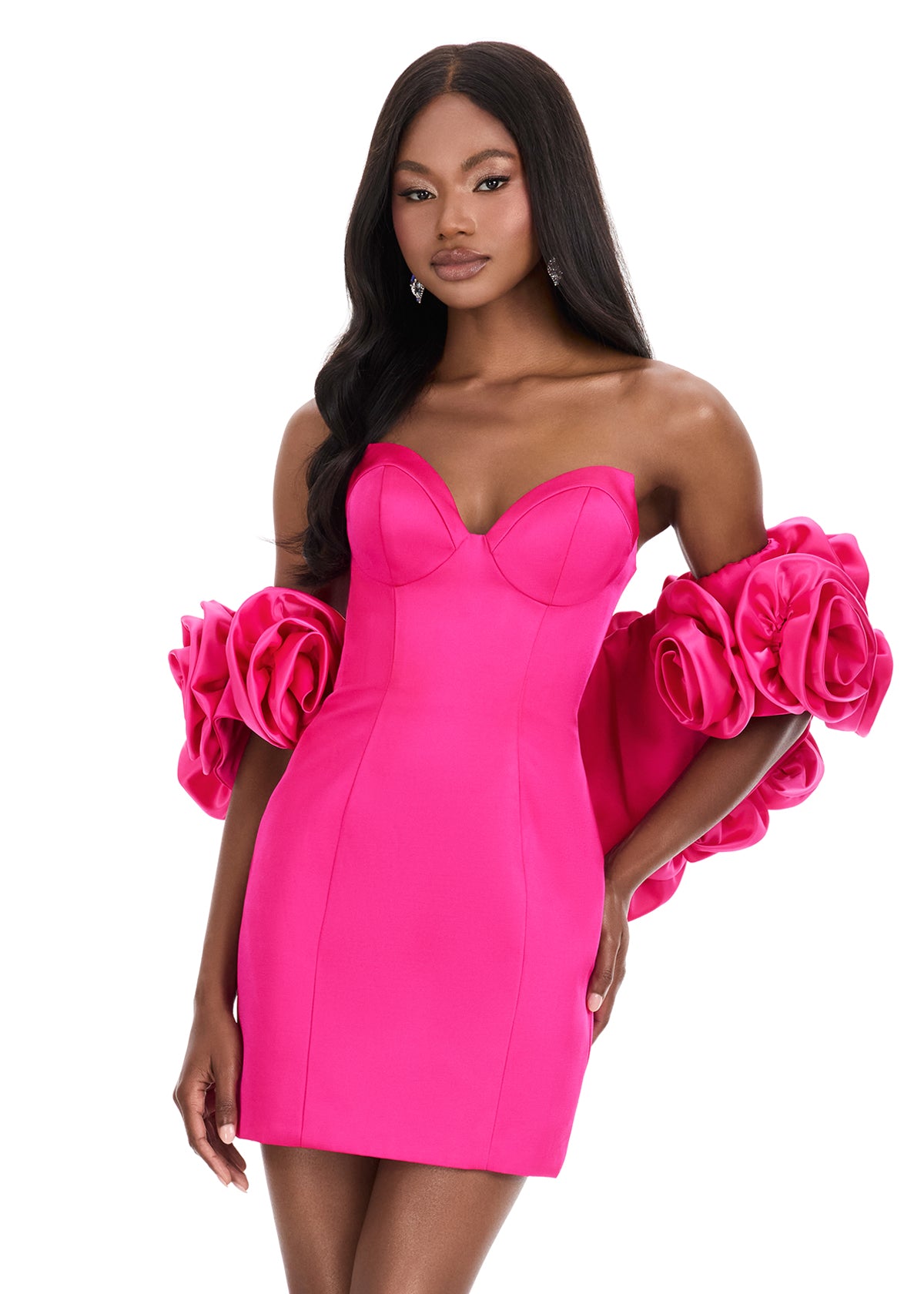 Ashley Lauren 4832 fuchsia satin mini cocktail dress puff floral sleeves shrug