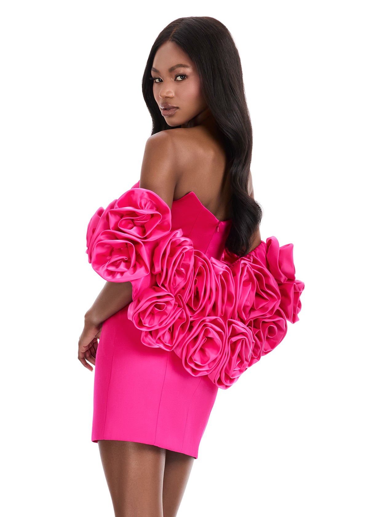Ashley Lauren 4832 fuchsia satin mini cocktail dress puff floral sleeves shrug back