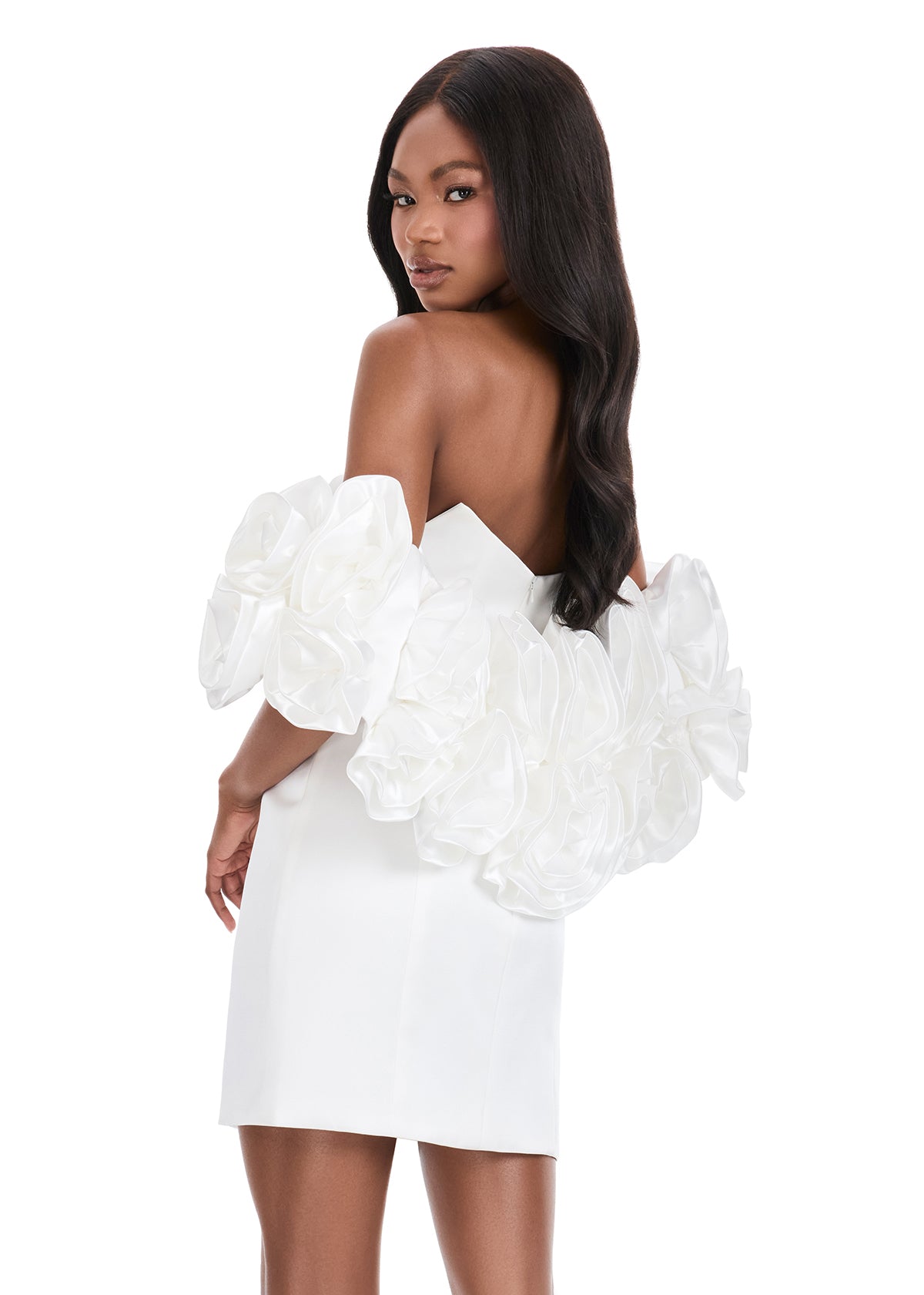 Ashley Lauren 4832 ivory satin mini cocktail dress puff floral sleeves shrug back