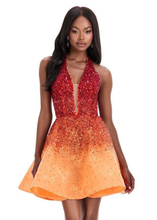 Ashley Lauren 4833 Coral Short Sequin Flared Halter Homecoming Dress Ombre Cocktail Gown V Neck