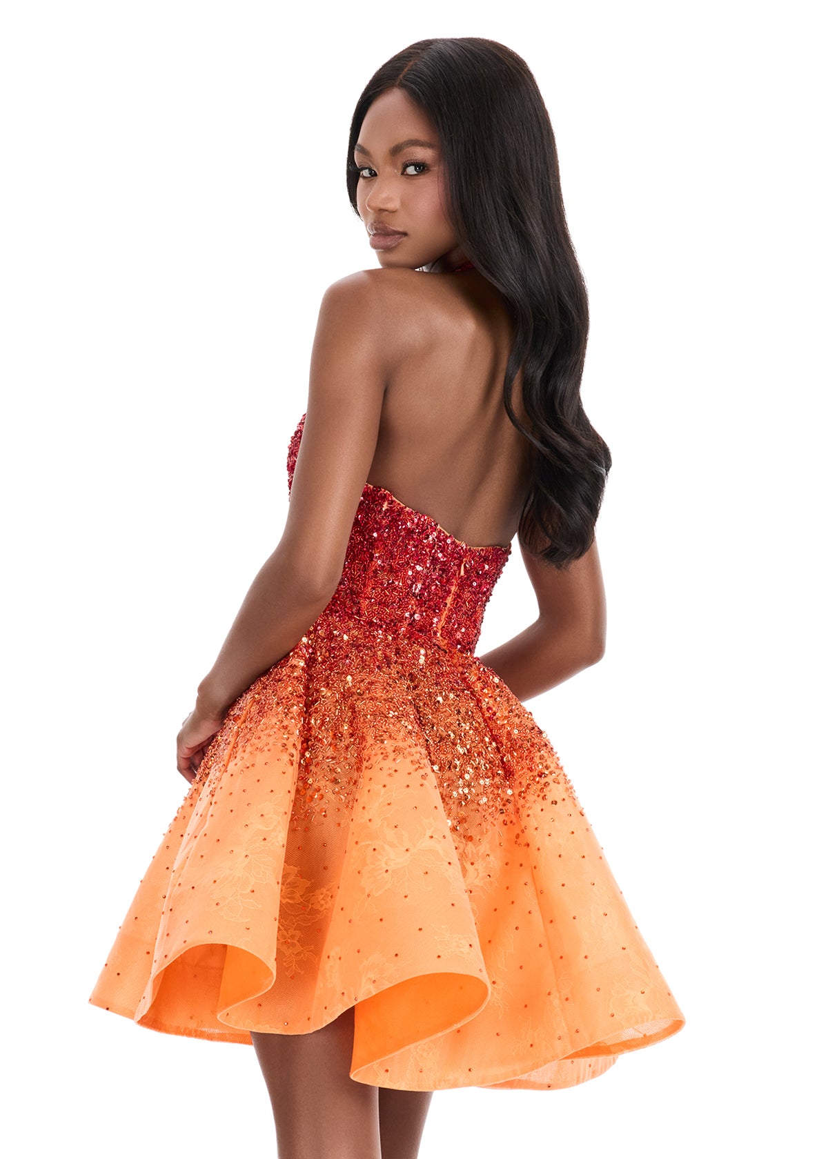 Ashley Lauren 4833 Coral Short Sequin Flared Halter Homecoming Dress Ombre Cocktail Gown V Neck back
