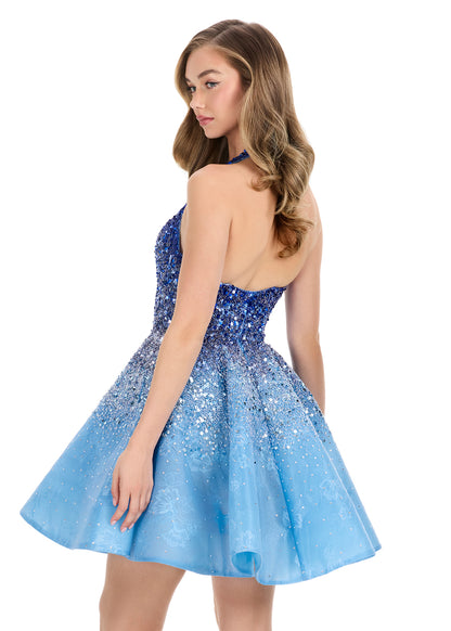 Elevate your evening with the Ashley Lauren 4833 dress, featuring a delicate ombre sequin design that catches the light with every movement. This short, flared silhouette is complemented by a halter neckline and a flattering V-neck, creating a refined look perfect for homecoming or cocktail events. Its shimmering finish and elegant cut ensure you stand out with effortless sophistication. Step into the spotlight with ASHLEYlauren Style 4833, a fully beaded mini dress featuring an ombré effect and lace detail