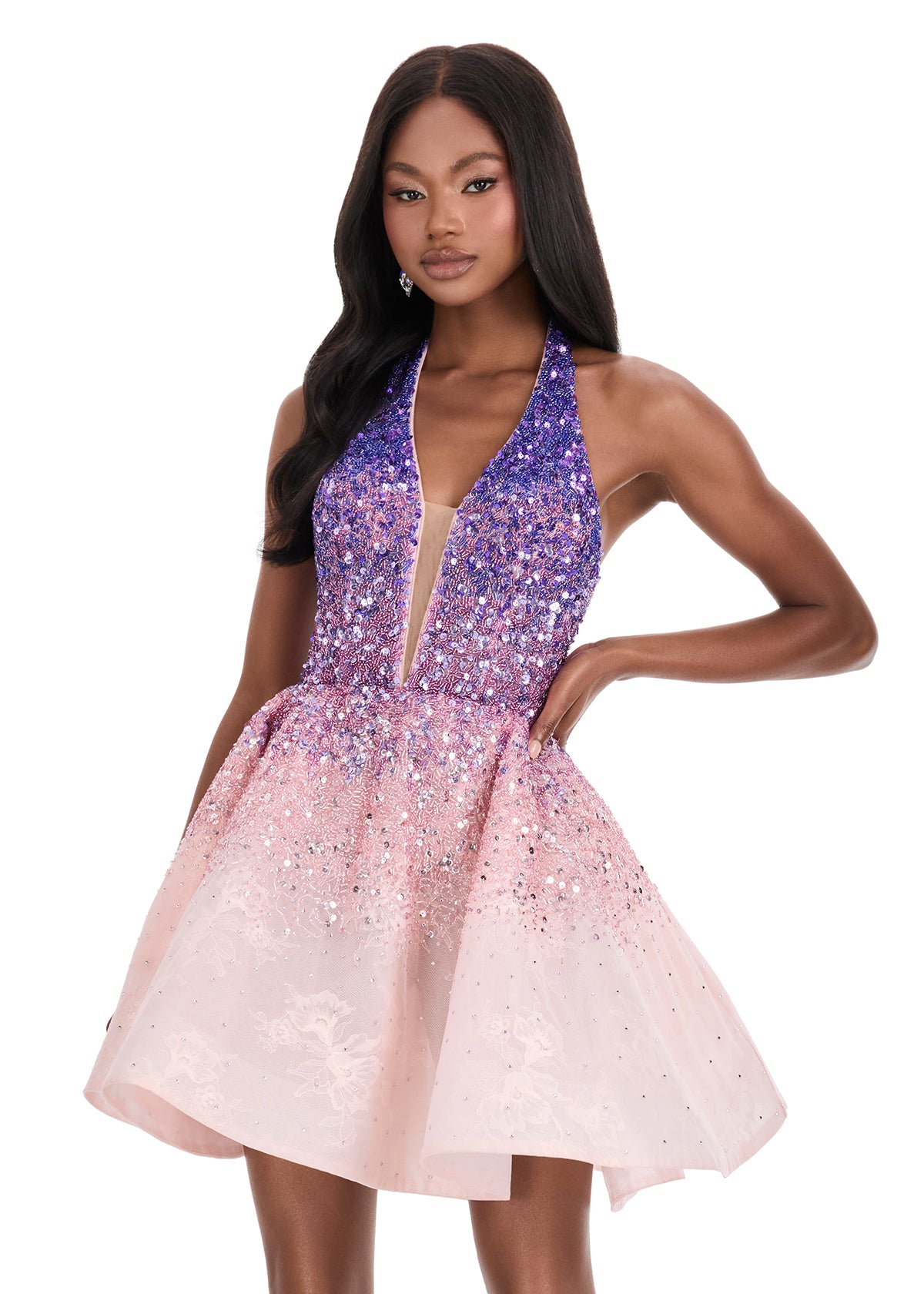 Ashley Lauren 4833 Pink Short Sequin Flared Halter Homecoming Dress Ombre Cocktail Gown V Neck