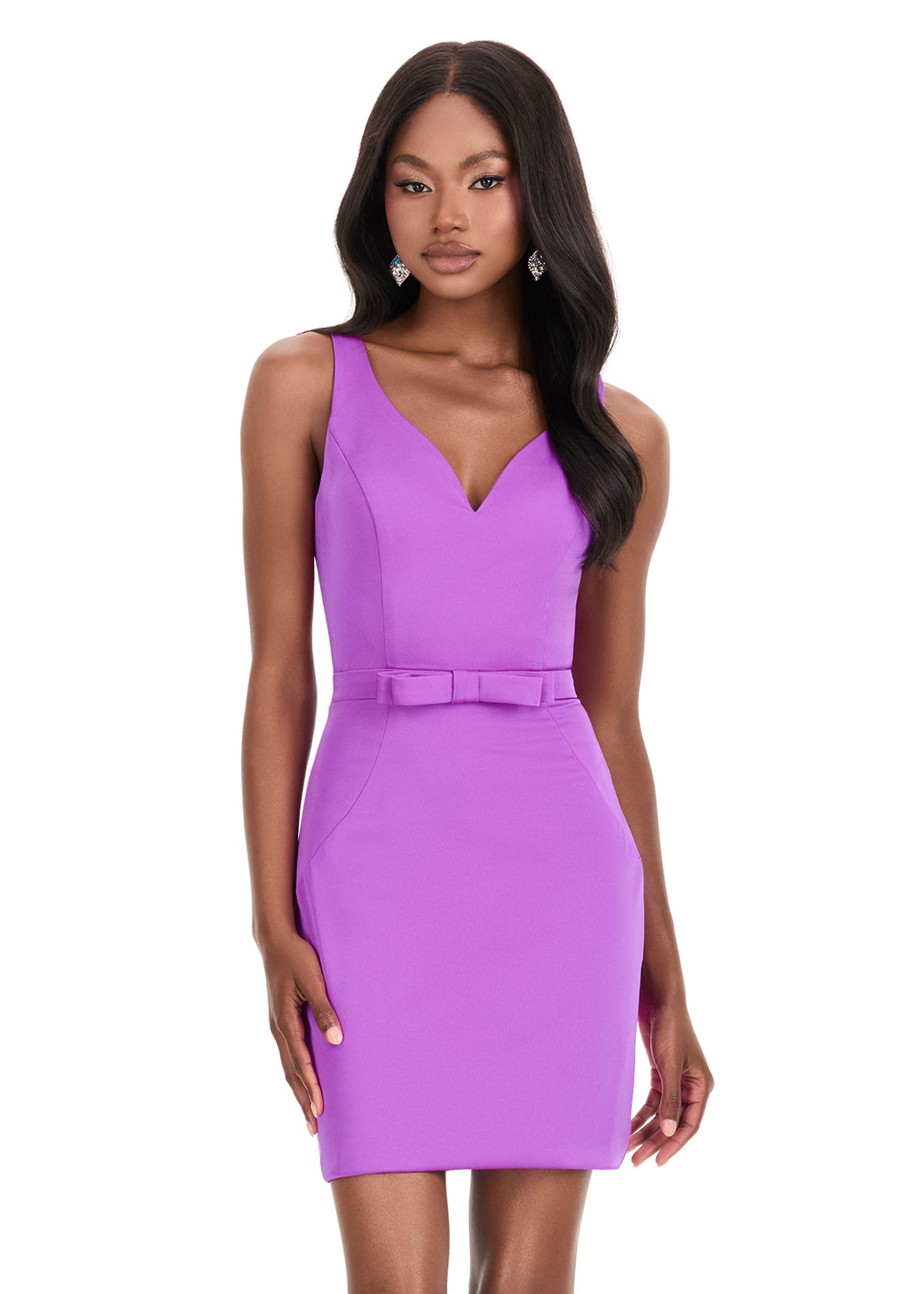 Ashley Lauren 4835 violet soft crepe cocktail dress bow waistline v neckline