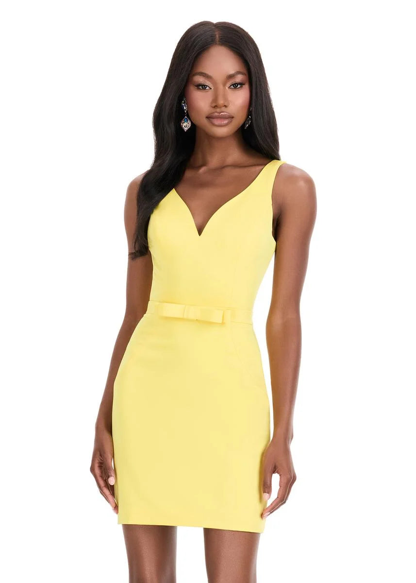Ashley Lauren 4835 yellow crepe short dress with bow waistline