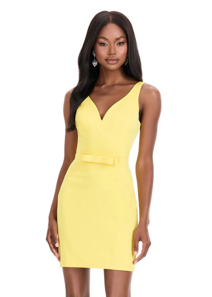 Ashley Lauren 4835 yellow crepe short dress with bow waistline
