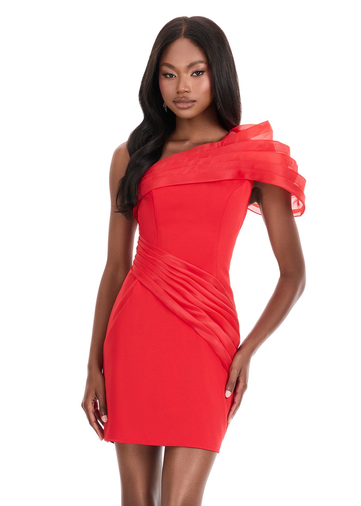 Ashley Lauren 4839 Red One Shoulder Cocktail Dress Puff Sleeve Off the Shoulder