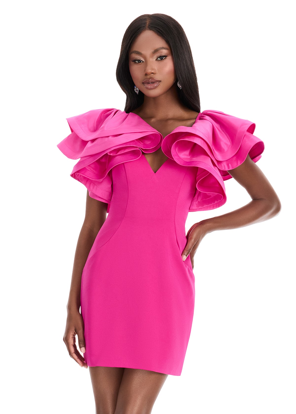 Ashley Lauren 4841 Fuchsia Short Fitted Ruffle Sleeve Cocktail Dress Formal Pageant Interview Gown