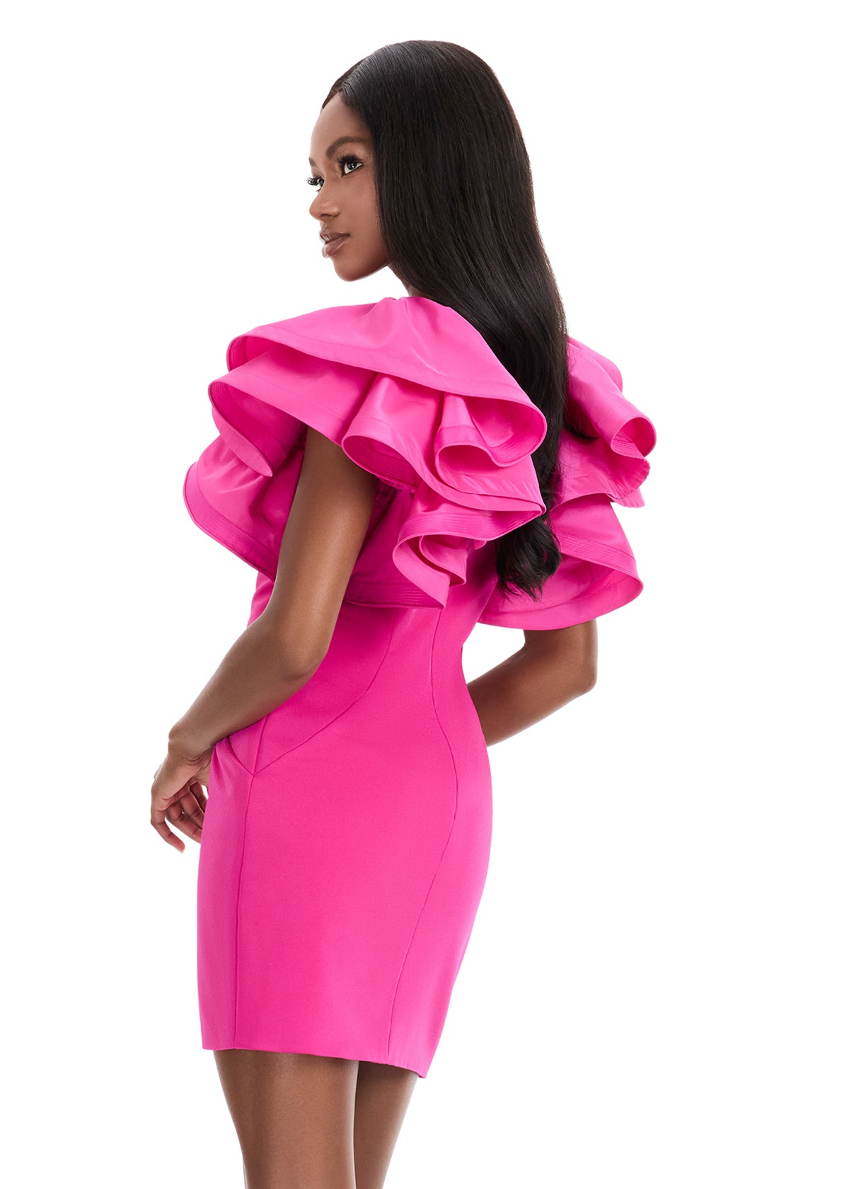 Ashley Lauren 4841 Fuchsia Short Fitted Ruffle Sleeve Cocktail Dress Formal Pageant Interview Gown back