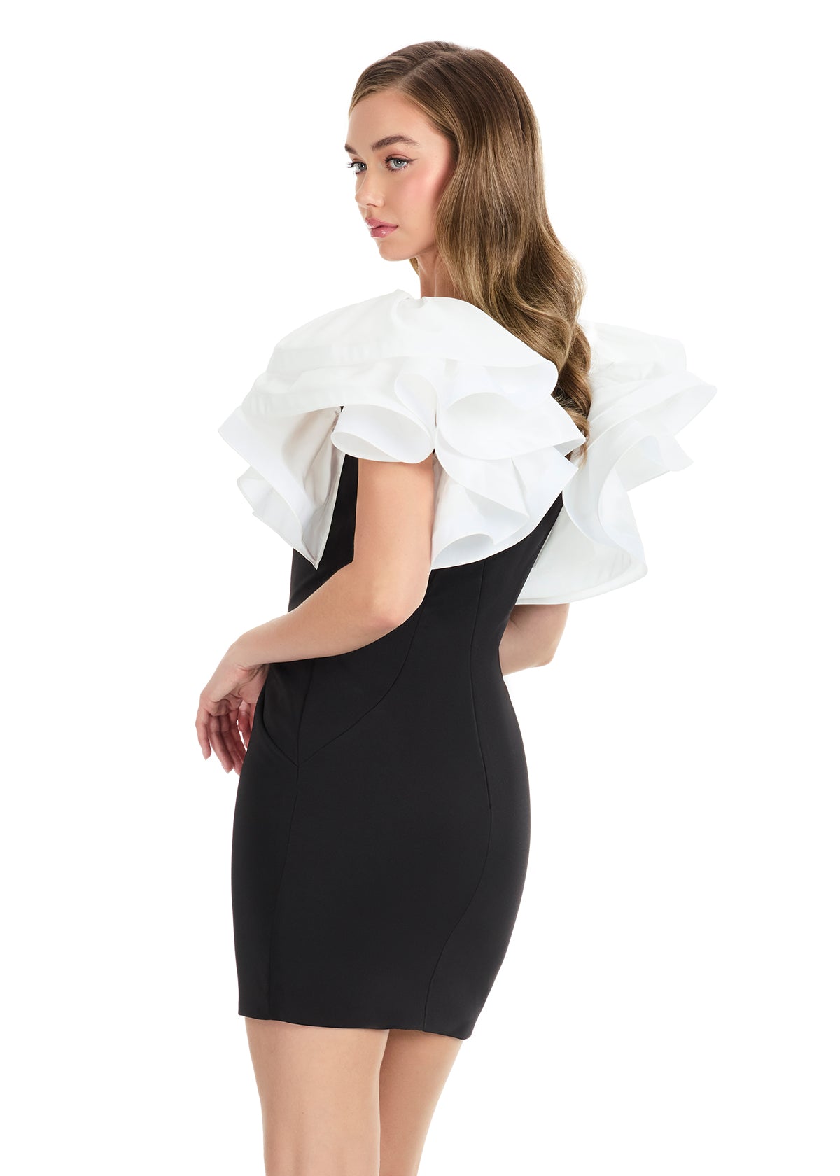 Ashley Lauren 4841 Ivory Black Short Fitted Ruffle Sleeve Cocktail Dress Formal Pageant Interview Gown back