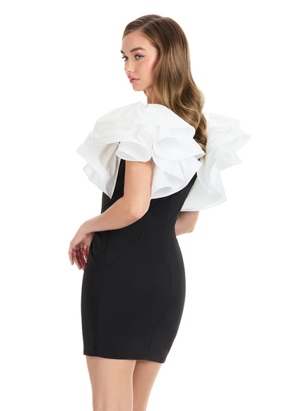 Ashley Lauren 4841 Ivory Black Short Fitted Ruffle Sleeve Cocktail Dress Formal Pageant Interview Gown back