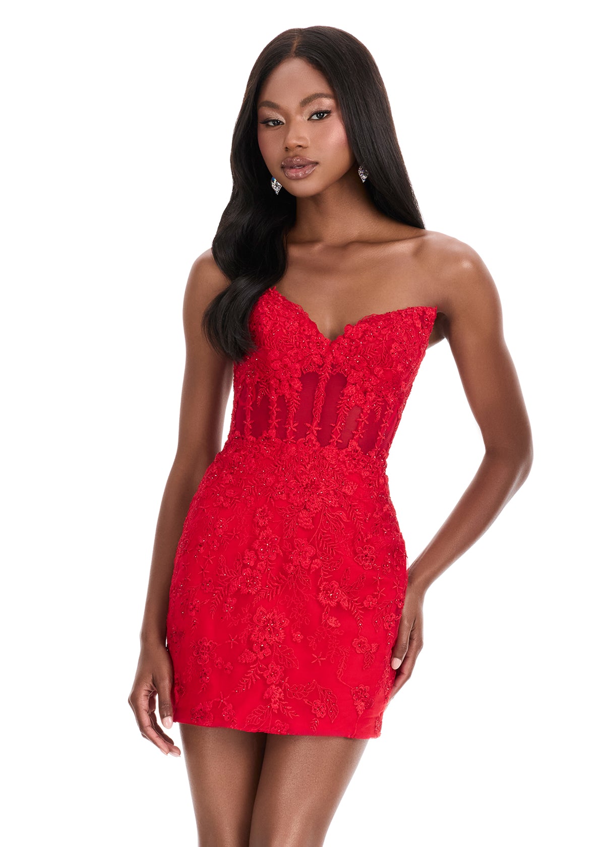 Ashley Lauren 4849 red lace mini cocktail homecoming dress sweetheart neckline