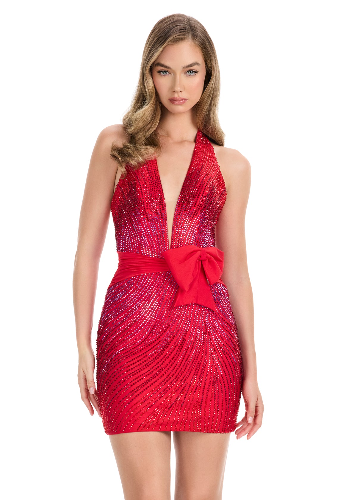 Ashley Lauren 4854 red cocktail dress press on crystals plunging neckline bow