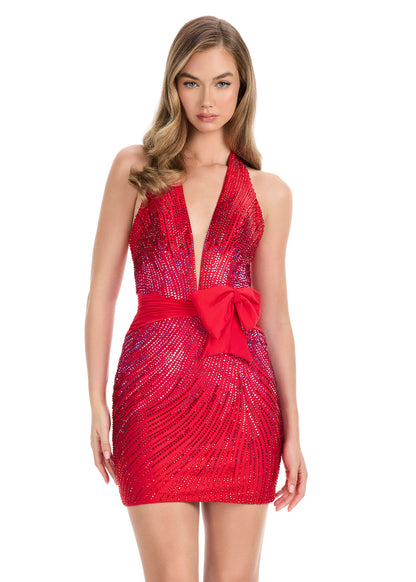 Ashley Lauren 4854 red cocktail dress press on crystals plunging neckline bow