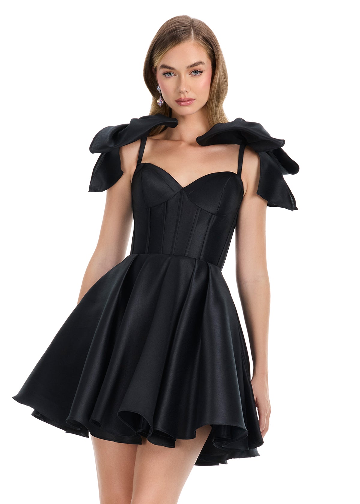 Ashley Lauren 4855 Black Short Fit & Flare Bow Homecoming Dress Corset Formal Cocktail Gown Mikado