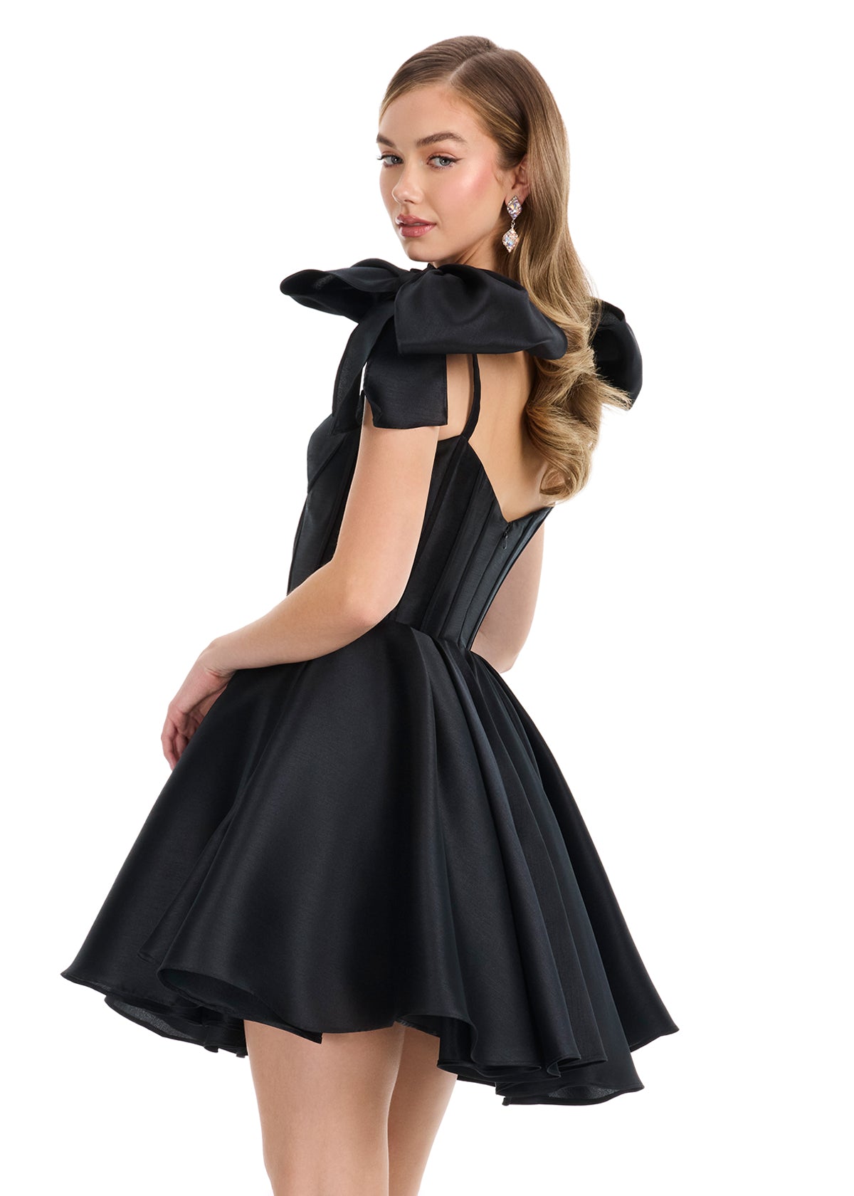 Ashley Lauren 4855 Black Short Fit & Flare Bow Homecoming Dress Corset Formal Cocktail Gown Mikado back