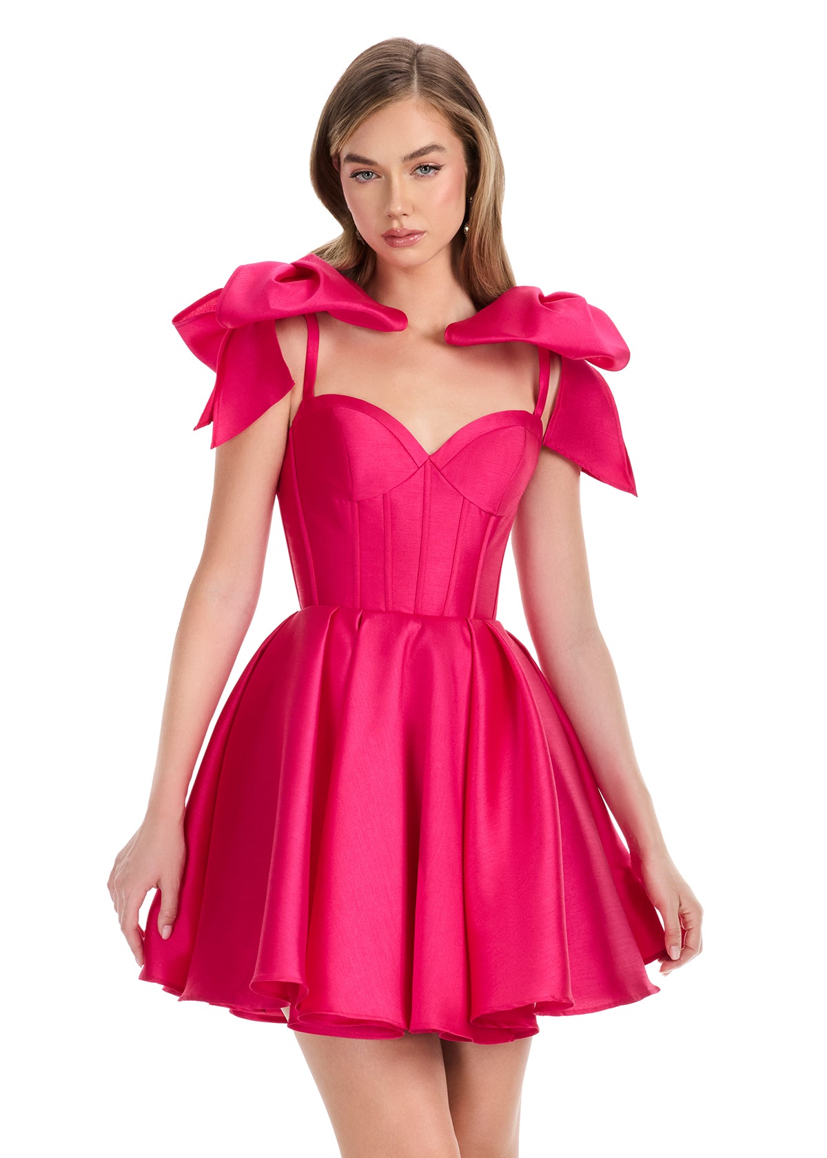Ashley Lauren 4855 Fuchsia Short Fit & Flare Bow Homecoming Dress Corset Formal Cocktail Gown Mikado