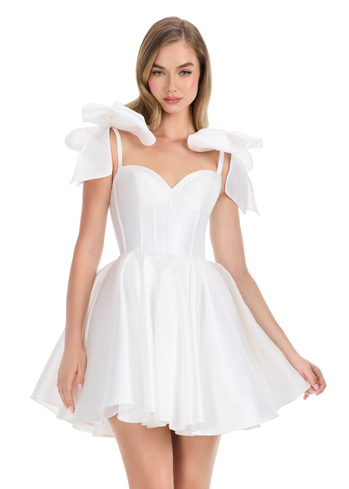 Ashley Lauren 4855 Ivory Short Fit & Flare Bow Homecoming Dress Corset Formal Cocktail Gown Mikado