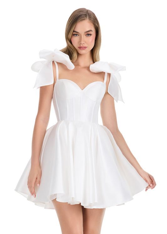 Ashley Lauren 4855 Ivory Short Fit & Flare Bow Homecoming Dress Corset Formal Cocktail Gown Mikado