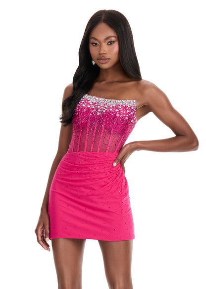 Ashley Lauren 4856 fuchsia fitted Crystal Sheer Corset Homecoming Dress Cocktail Gown Scoop Neck