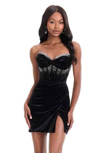 Ashley Lauren 4865 Short Velvet Homecoming Dress Corset Crystal Slit Cocktail Gown Fitted 0 / Black