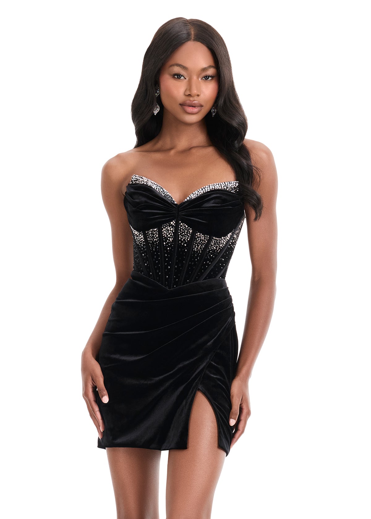 Ashley Lauren 4865 Black Short Fitted Velvet Corset Homecoming Dress Crystal Slit Cocktail Gown