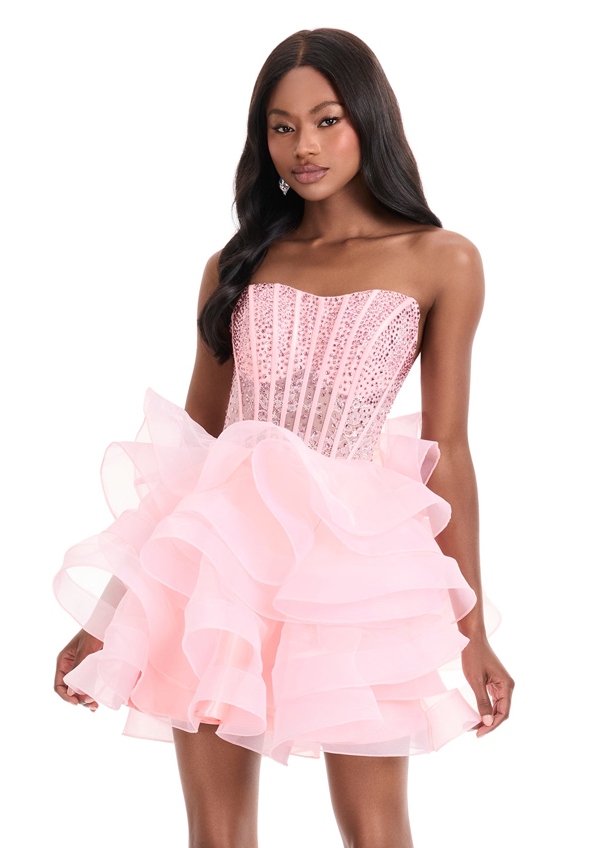 Ashley Lauren 4883 Ice Pink Short Ruffle Fit & Flare Sheer Corset Homecoming Dress Layer Cocktail Gown