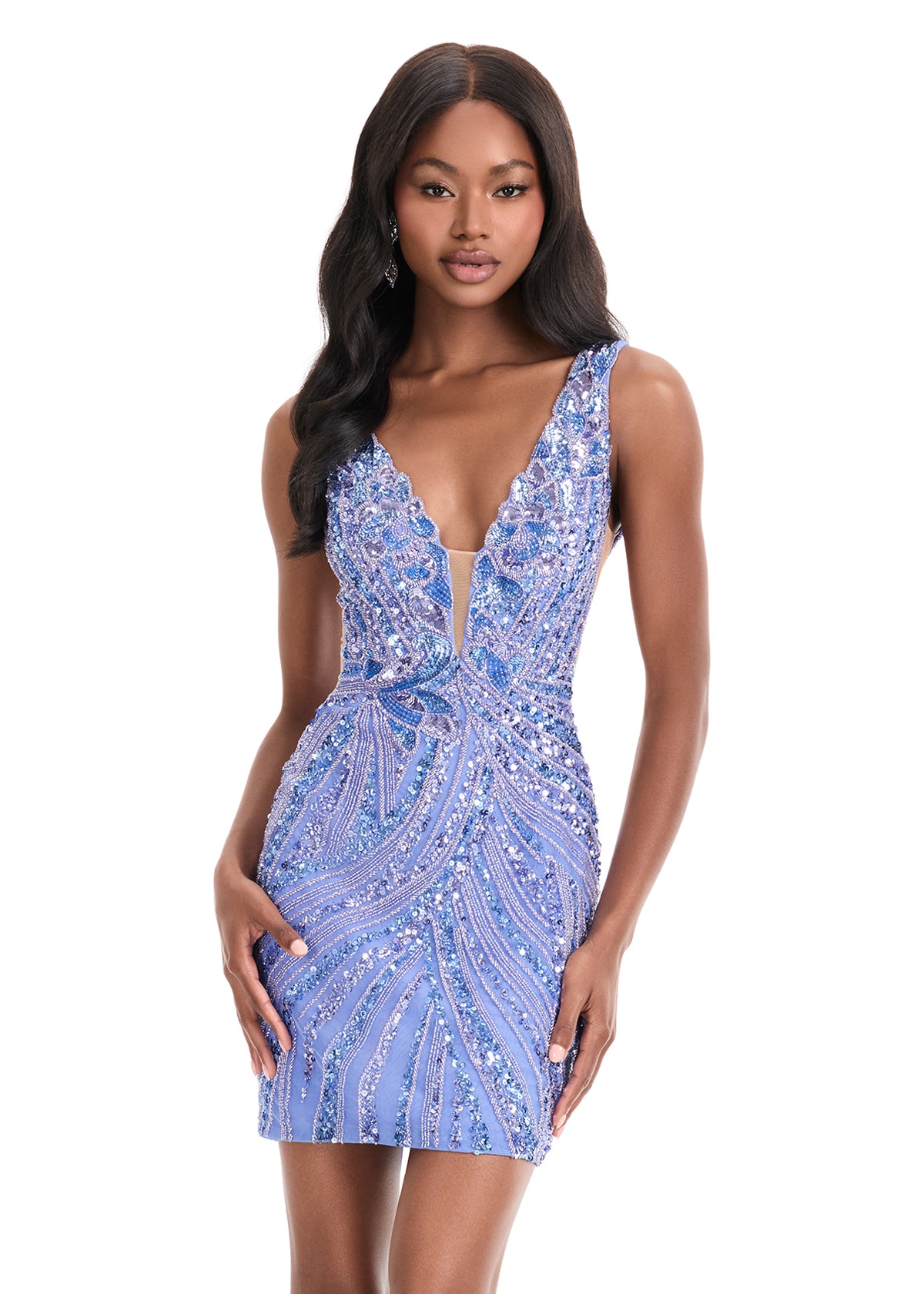 Ashley Lauren 4893 Periwinkle Short Fitted Sequin Homecoming Dress Sheer Beaded Cocktail Dress V Neck