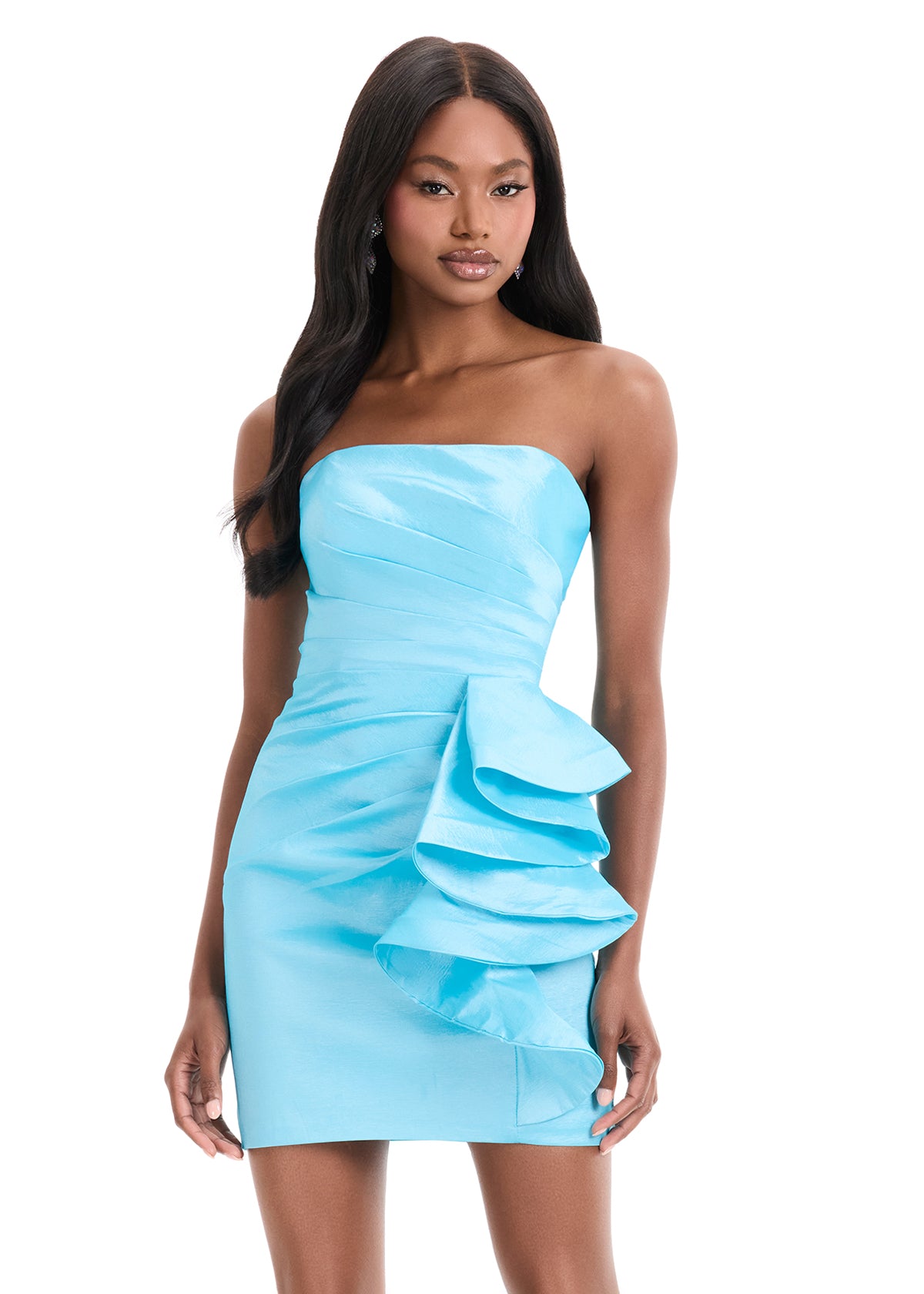Ashley Lauren 4933 Sky Blue Strapless ruched bodice homecoming cocktail dress straight neckline ruffle