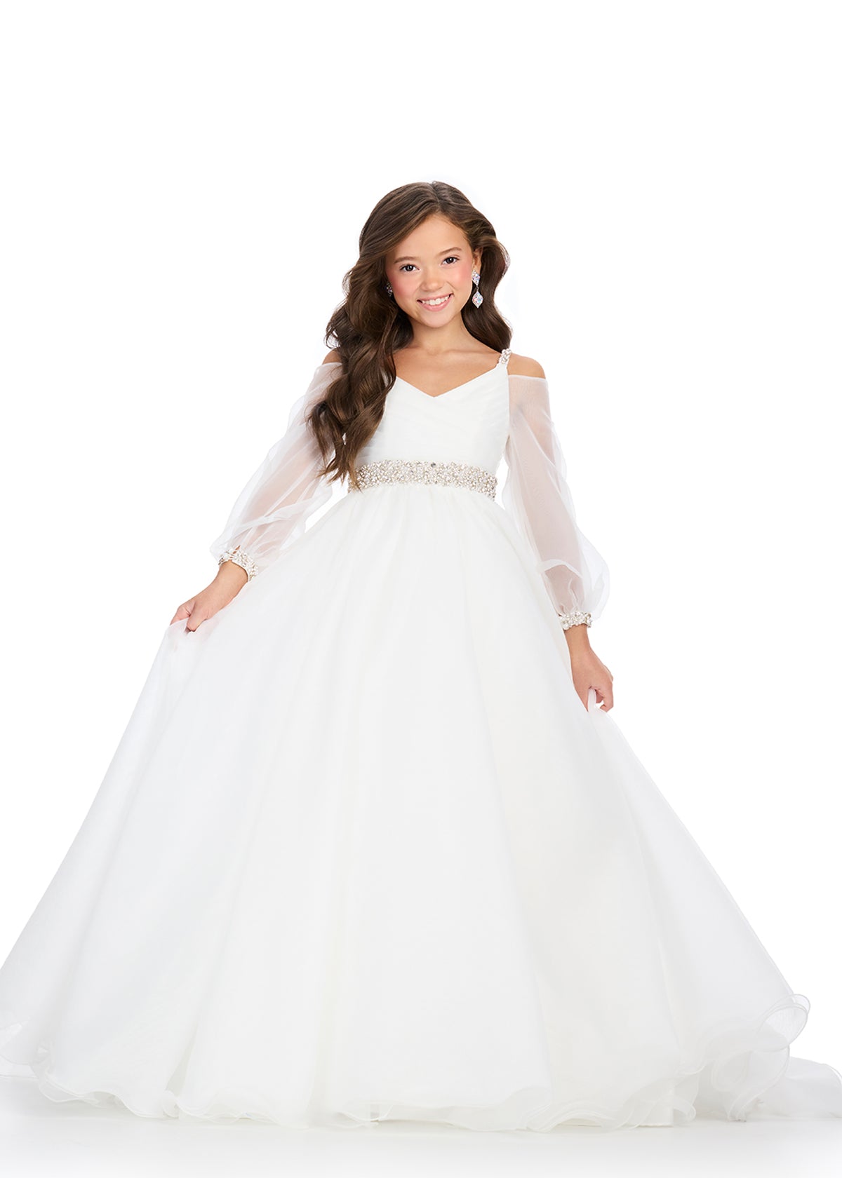 Ashley Lauren 8273 Girls White Organza pageant dress will make your little one feel like a true princess. Featuring a stunning long sleeve ballgown design, this dress is made from high-quality organza fabric and also features an elegant off the shoulder neckline. Give your child a look that will stand out and make them feel confident and beautiful. 