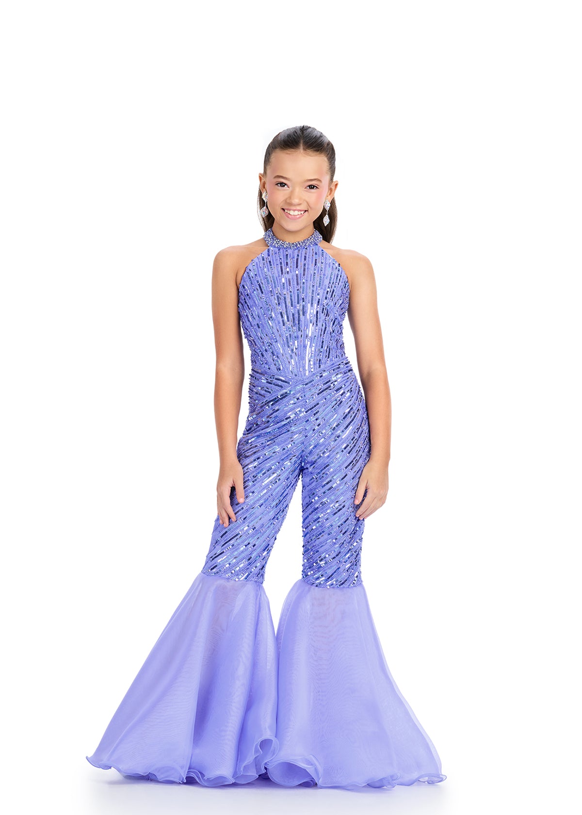 Ashley Lauren 8318 Kids Periwinkle Beaded Jumpsuit With Halter Neckline And Organza Flare Pants