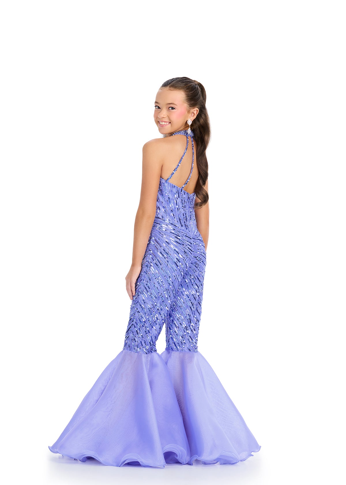 Ashley Lauren 8318 Kids Periwinkle Beaded Jumpsuit With Halter Neckline And Organza Flare Pants