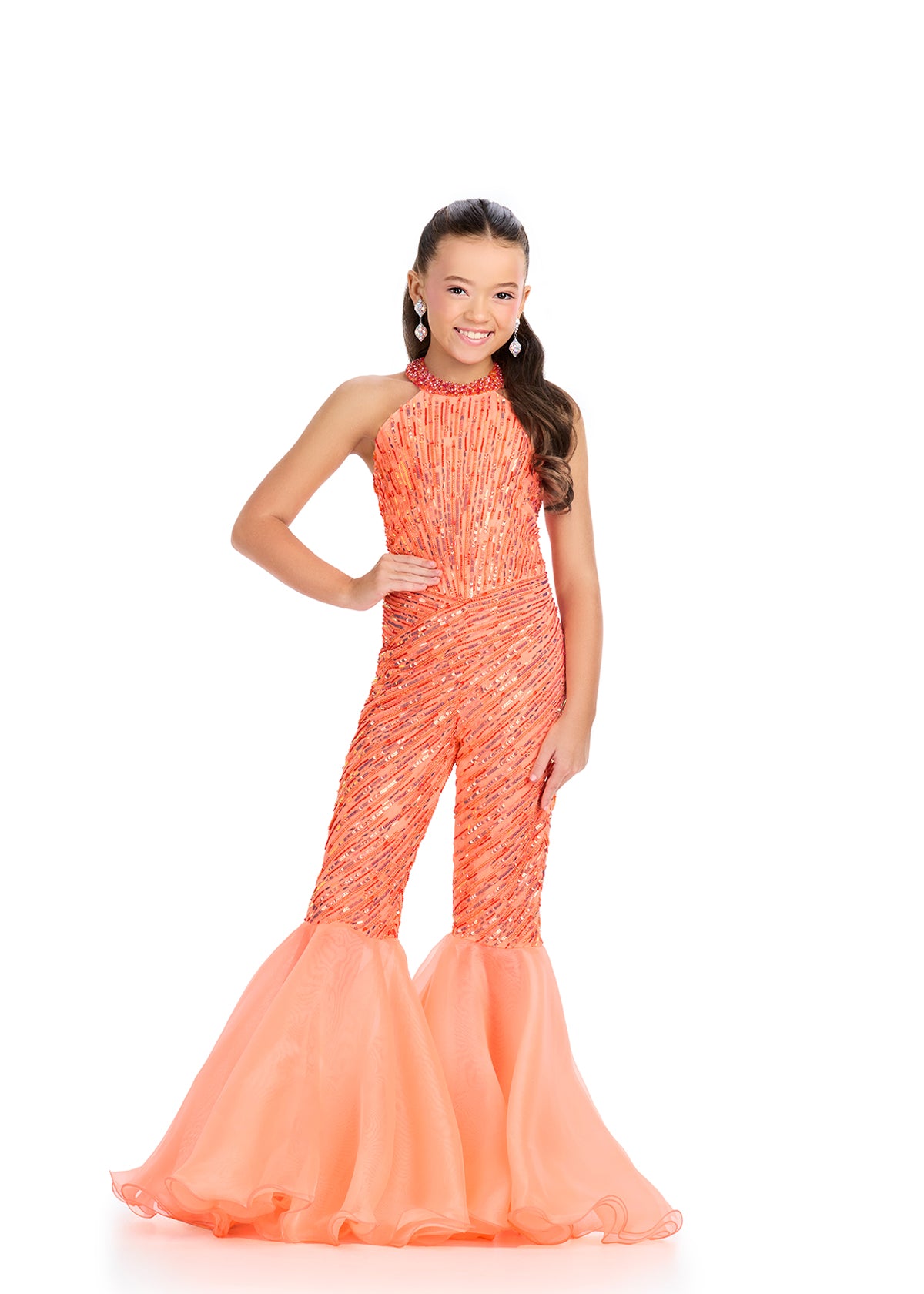 Ashley Lauren 8318 Kids Red Coral Beaded Jumpsuit With Halter Neckline And Organza Flare Pants