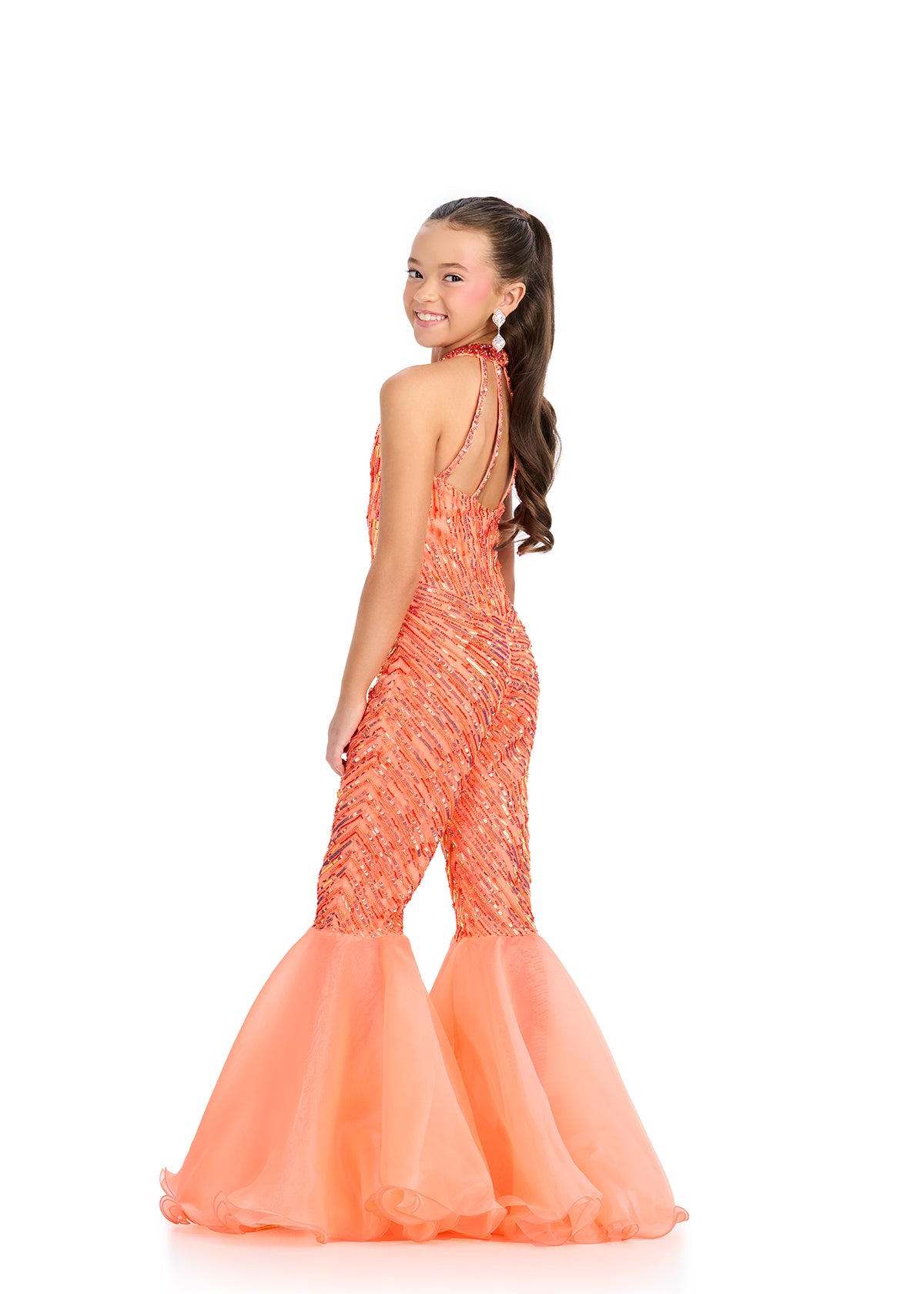 Ashley Lauren 8318 Kids Red Coral Beaded Jumpsuit With Halter Neckline And Organza Flare Pants