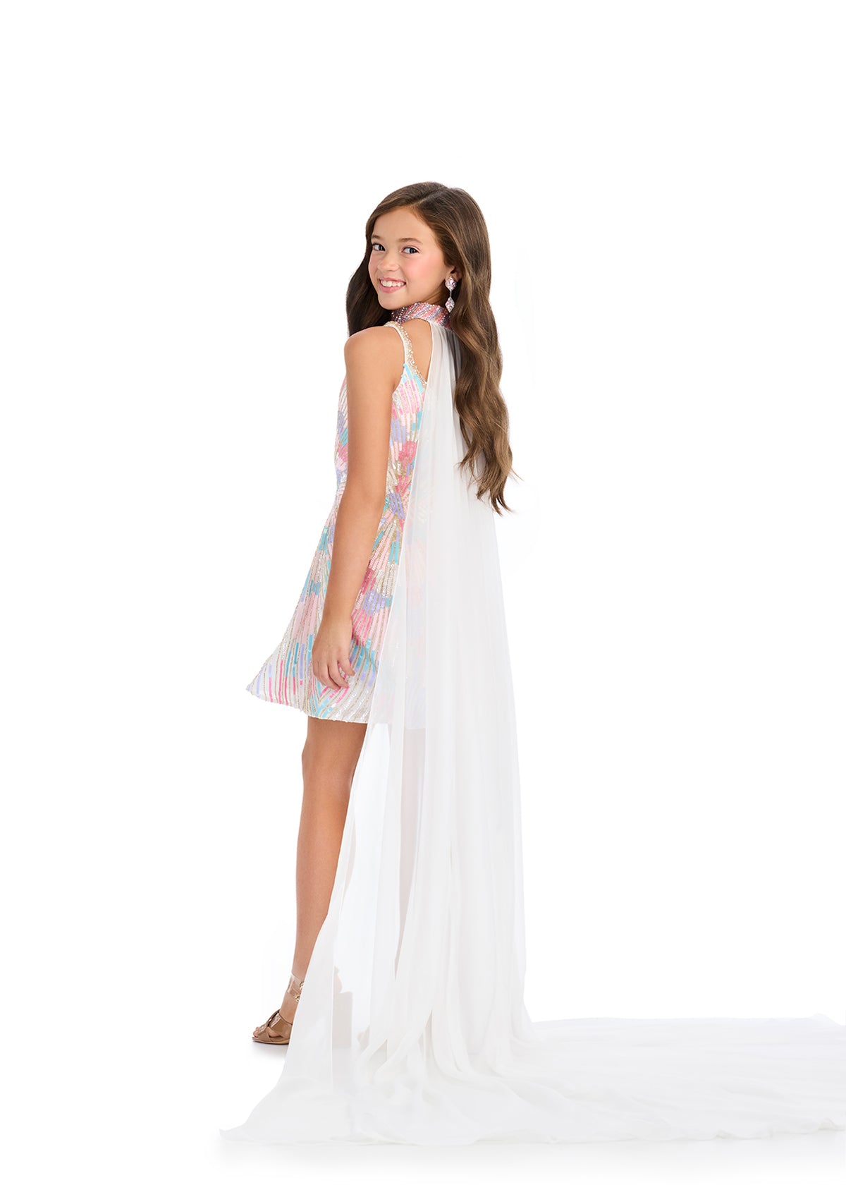 Ashley Lauren 8319 Kids Ivory Multi Fully Beaded Cocktail Dress With Choker And Organza Cape