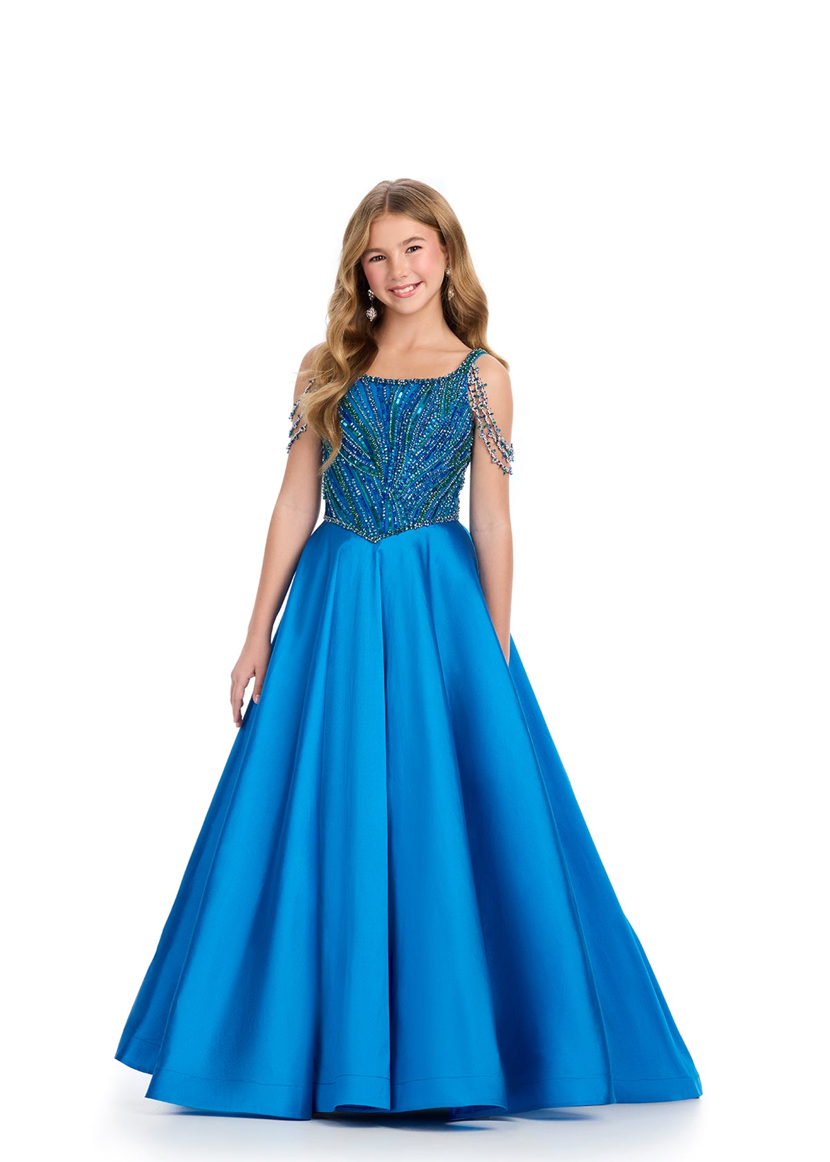 Ashley Lauren 8320 Kids Off Shoulder Taffeta Ball Gown With Beaded Bustier Girls Peacock Pageant Gown