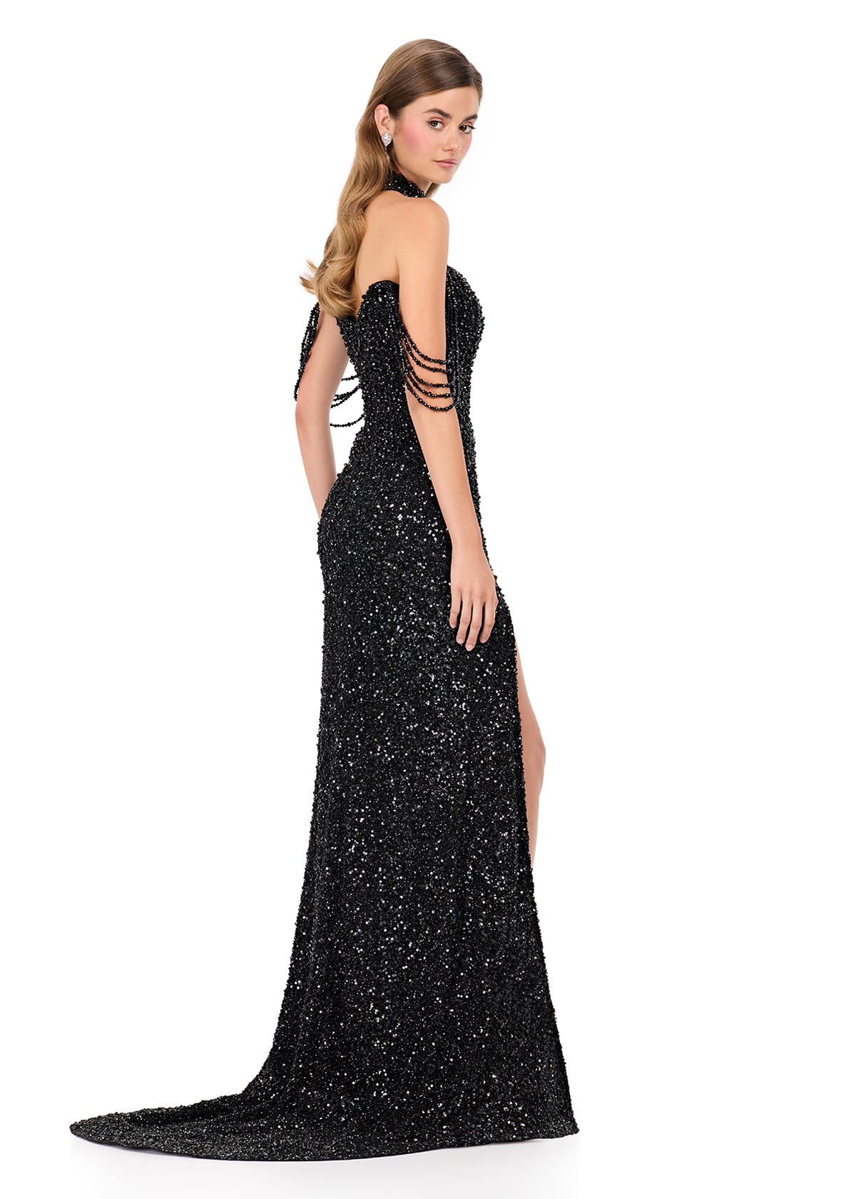 Ashleylauren 11598 Black pearl beaded gown off the shoulder beads and a choker
