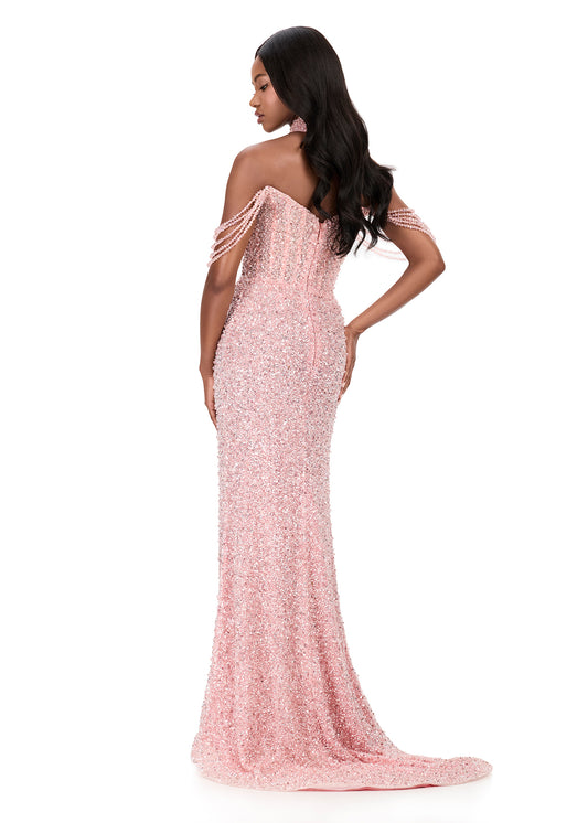 Ashleylauren 11598 Ice pink pearl beaded gown off the shoulder beads and a choker