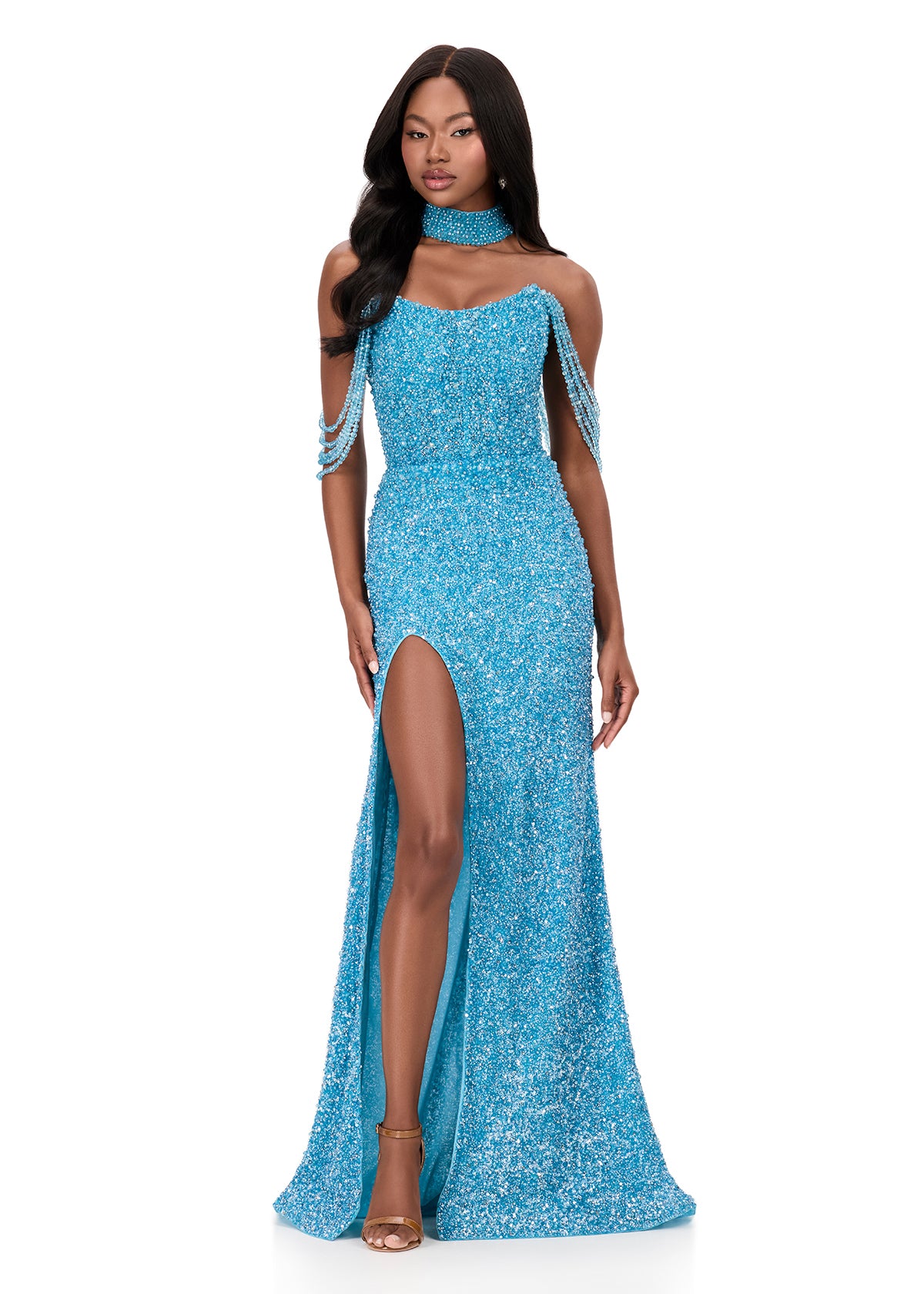 Ashleylauren 11598 Sky blue pearl beaded gown off the shoulder beads and a choker
