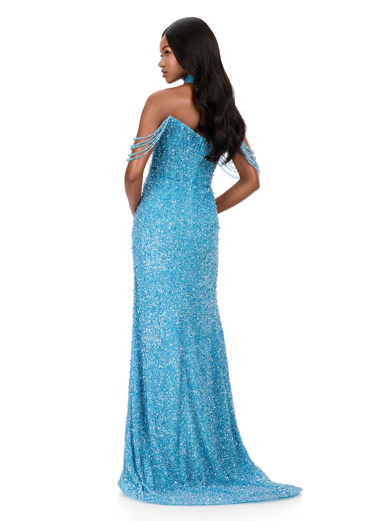 Ashleylauren 11598 Sky blue pearl beaded gown off the shoulder beads and a choker