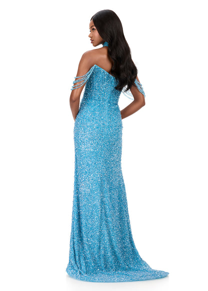 Ashleylauren 11598 Sky blue pearl beaded gown off the shoulder beads and a choker