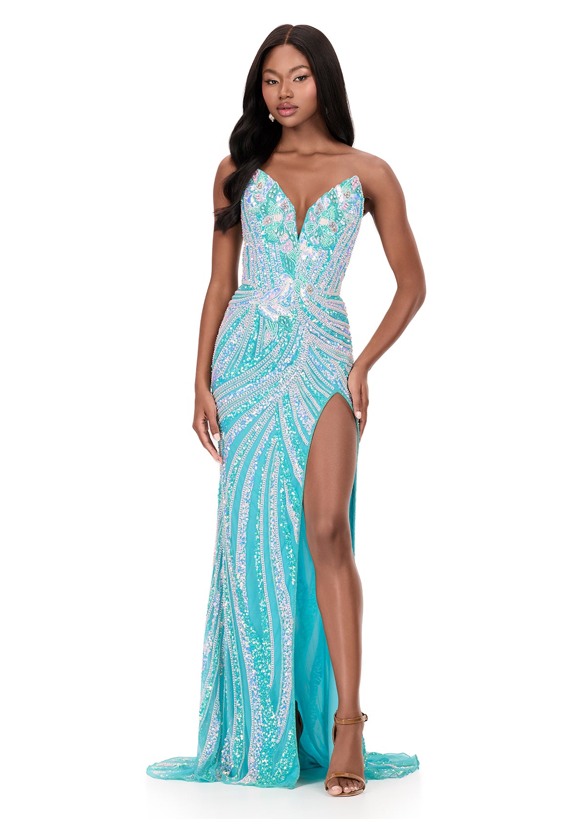 ASHLEYlauren 12152 Pearl Beaded Prom Dress Pageant Formal Gown 2 / Aqua