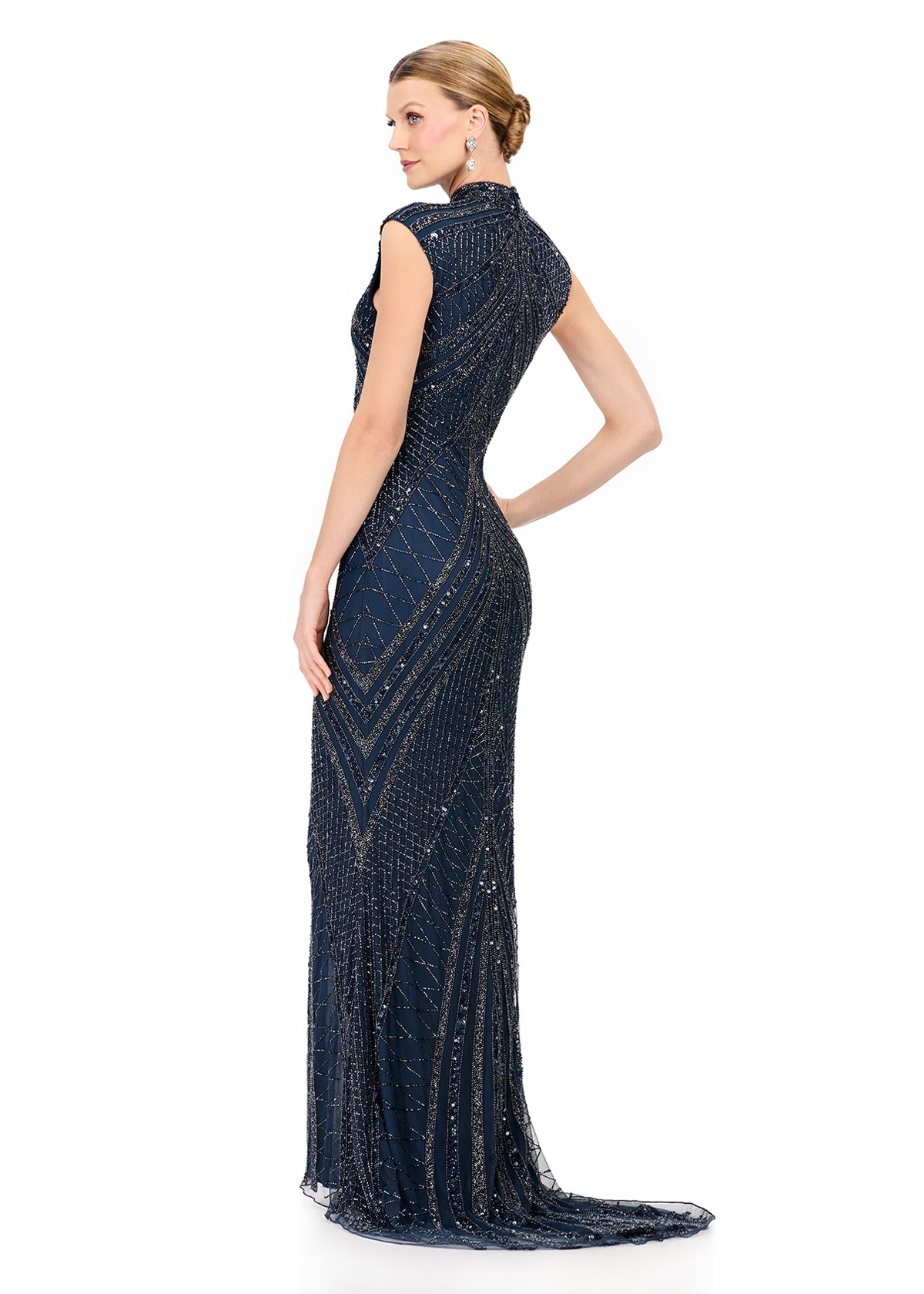 Ashleylauren 1624_Navy gown cap sleeves center slit small train