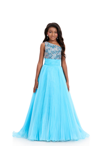 Ashleylauren 8367 Sky Blue Kids One Shoulder Pageant Gown 