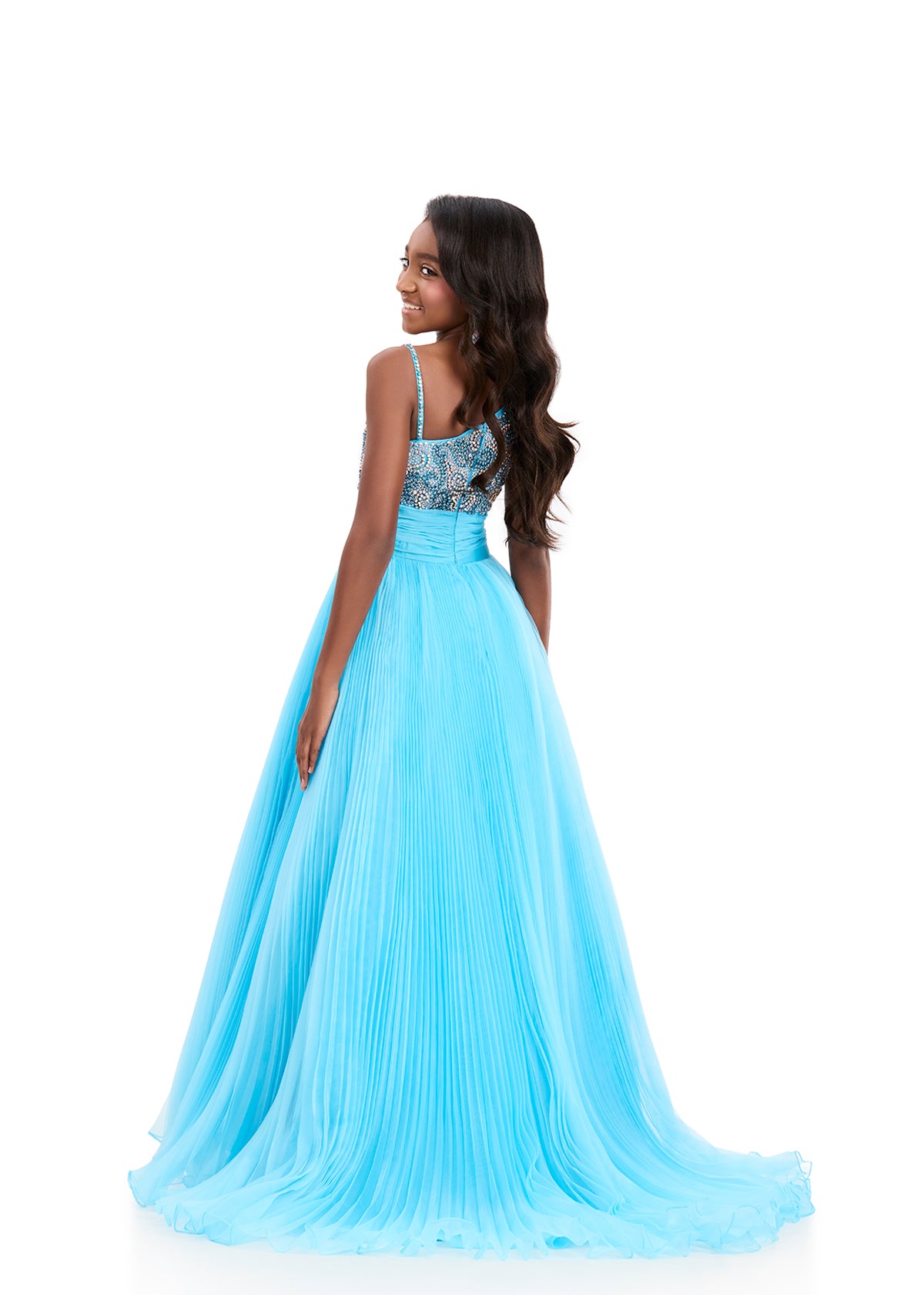 Ashleylauren 8367 Sky Blue Kids One Shoulder Pageant Gown 