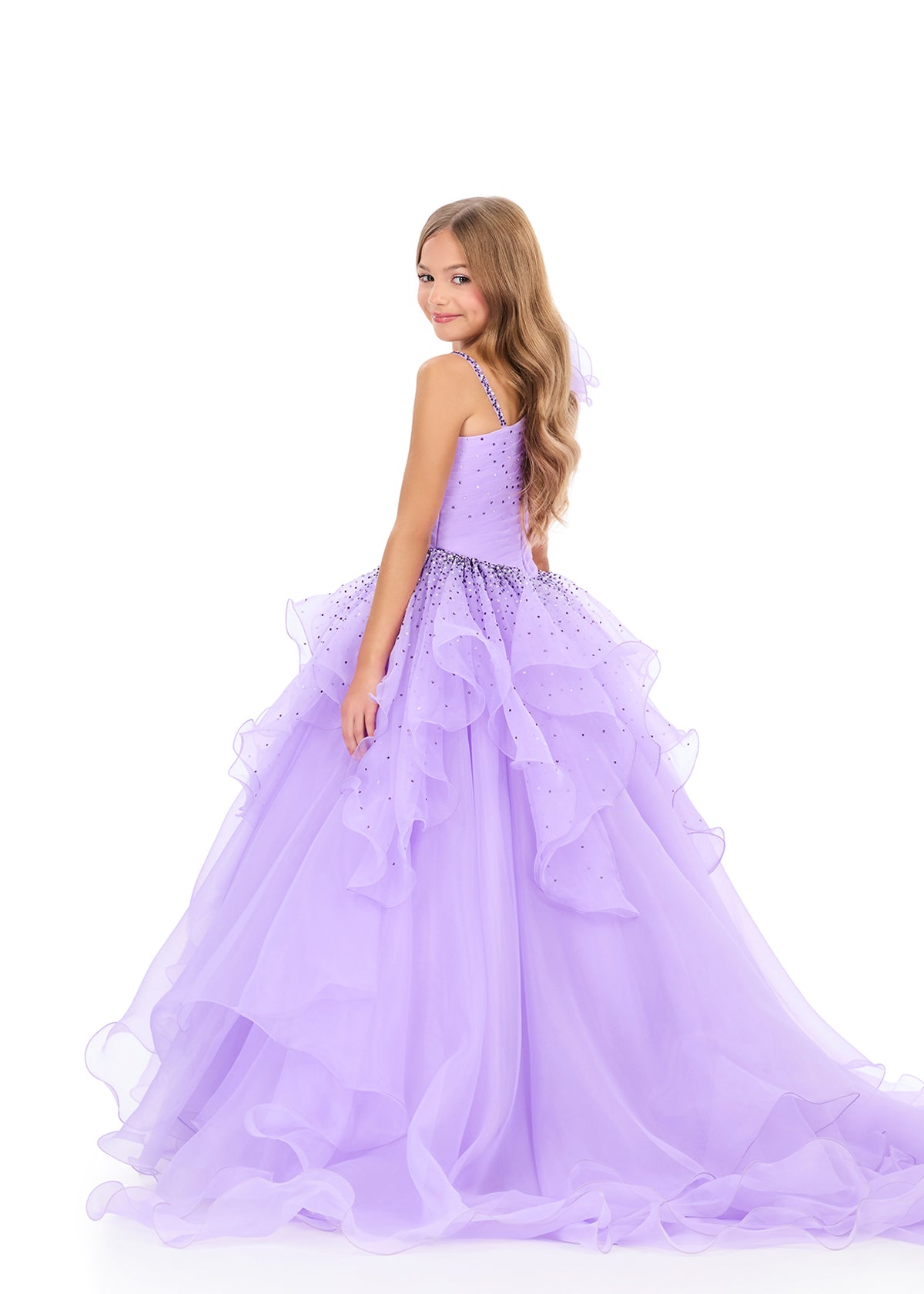Ashleylauren 8368 Orchid Girls Pageant Dress Full Multi Tiered Organza Skirt